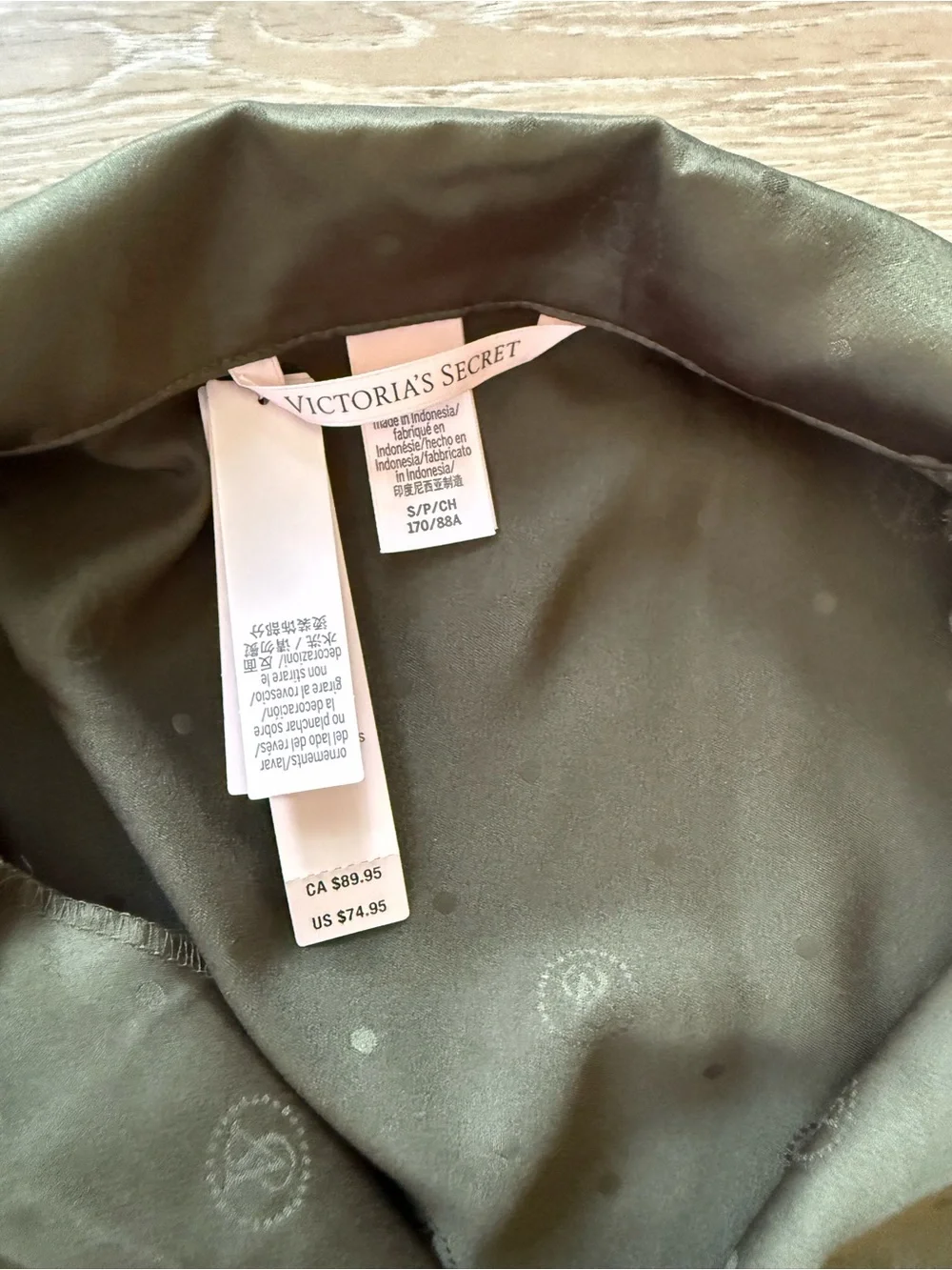 Victoria's Secret Olive Satin Pajama Set with Embroidered Pocket